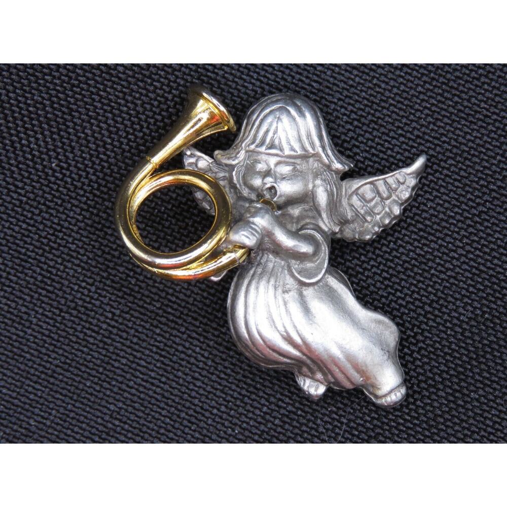 Vintage Angel Brooch with Trumpet Pin Gold Tone Small Holiday Pin in Gift Box